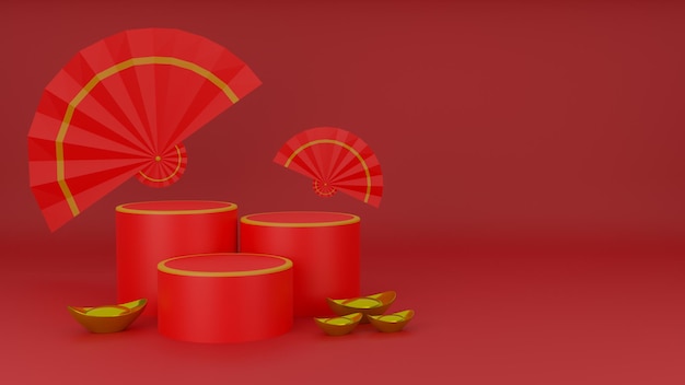 Fondo de feliz año nuevo chino para exhibición de productos premium, podio con abanico plegable y pepitas de oro chinas sobre fondo rojo. Representación 3d