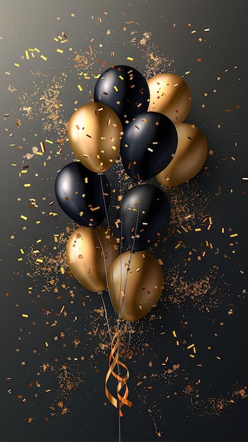 Fondo de feliz cumpleaños con globo realista y confeti dorado.
