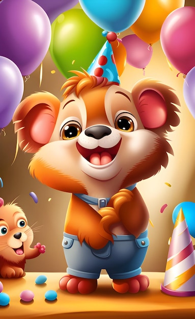 Foto fondo de feliz cumpleaños con personaje de animales de dibujos animados