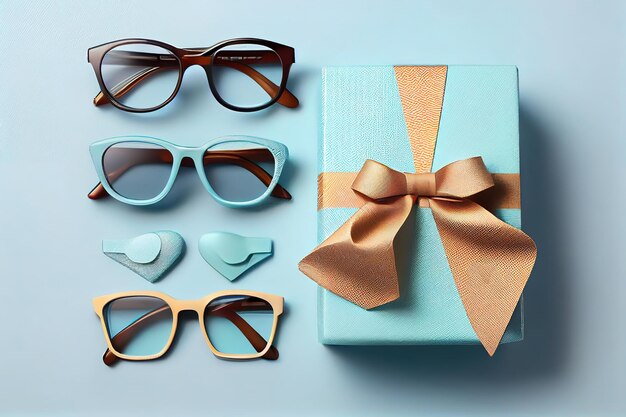 Fondo feliz del Día del Padre con gafas de corbata y caja de regalo para papá en Ai generativo azul claro