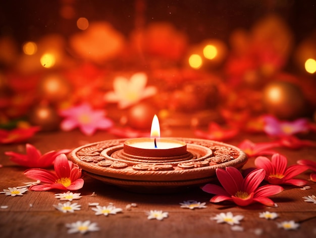 Fondo feliz Diwali con hermosa Diya y flores