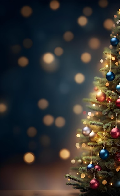 Fondo de feliz navidad con árbol decorado y luces bokeh