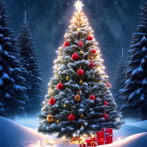Fondo de feliz navidad con árbol de navidad y bola con caja de regalo