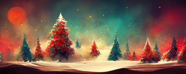 Fondo de feliz Navidad con regalos de bolas de árboles de pino y adornos navideños Ilustración digital