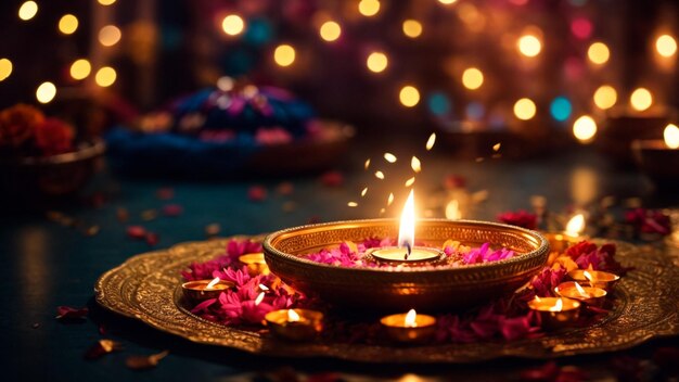 El fondo del festival de Diwali indio Decoración de lámparas de aceite coloridas en el feliz Festival de Diwali