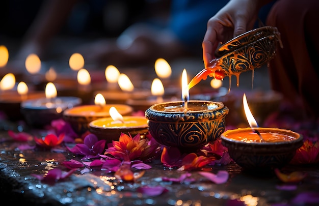 Fondo del festival Happy Diwali con velas y diyas generados por IA