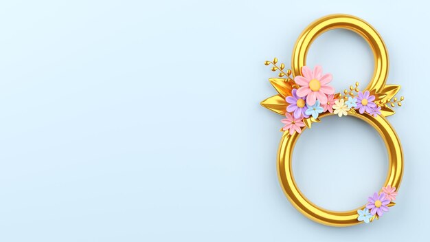 Fondo festivo 3d con flores en el número 8 para el Día de la Madre o el Día de la Mujer