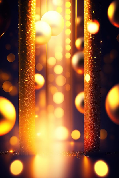 Fondo festivo abstracto con vigas borrosas y destellos Fantástico efecto de luz dorada