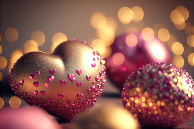 Fondo festivo brillante con lentejuelas de corazones inflables y bokeh Light Effect Ai generado