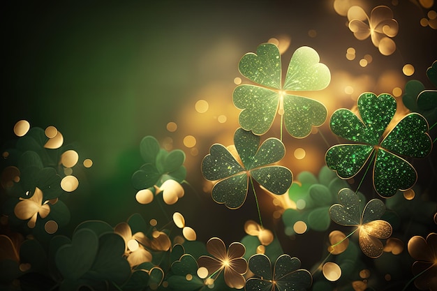 Fondo festivo con brillantes tréboles de trébol y bokeh dorado Fondo del día de San Patricio Ilustración generativa de IA