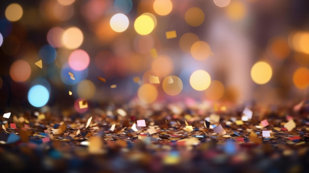 Fondo festivo de celebración de año nuevo con confeti cayendo y luces bokeh