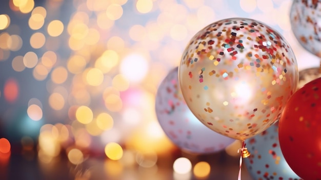 Fondo festivo de celebración de año nuevo con globos de confeti cayendo y luces bokeh