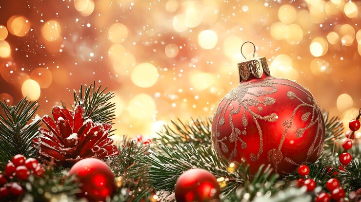 Un fondo festivo con copos de nieve y bolas de Navidad Generativo Ai