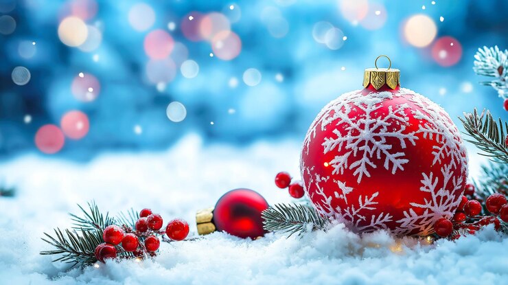 Un fondo festivo con copos de nieve y bolas de Navidad Generativo Ai
