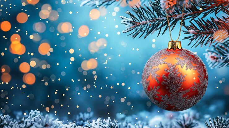 Un fondo festivo con copos de nieve y bolas de Navidad Generativo Ai