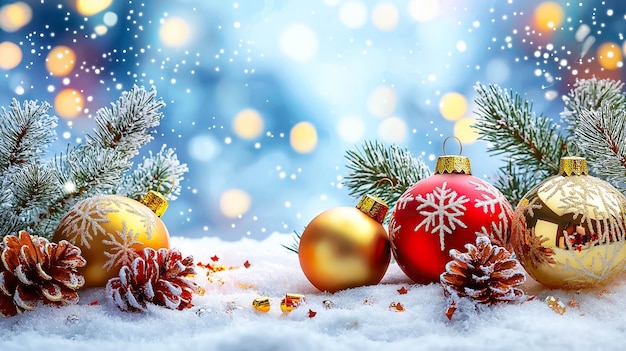 Un fondo festivo con copos de nieve y bolas de Navidad Generativo Ai
