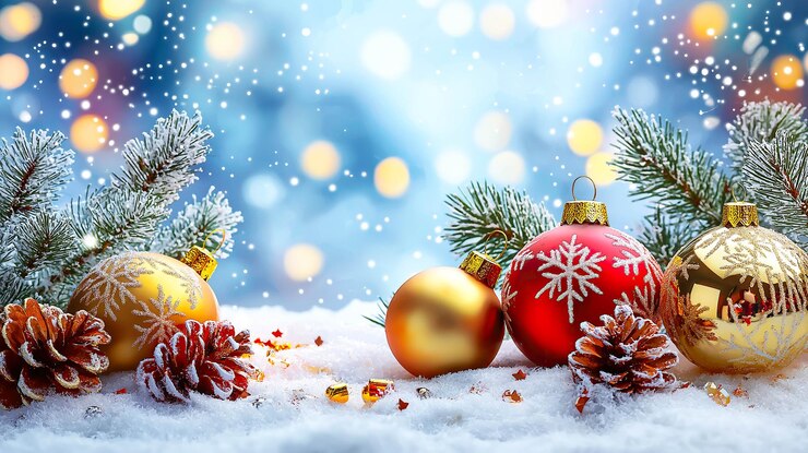 Un fondo festivo con copos de nieve y bolas de Navidad Generativo Ai