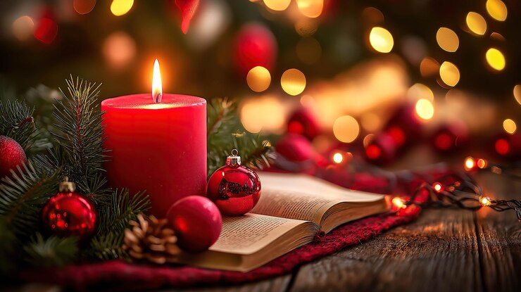 Un fondo festivo con copos de nieve y bolas de Navidad Generativo Ai