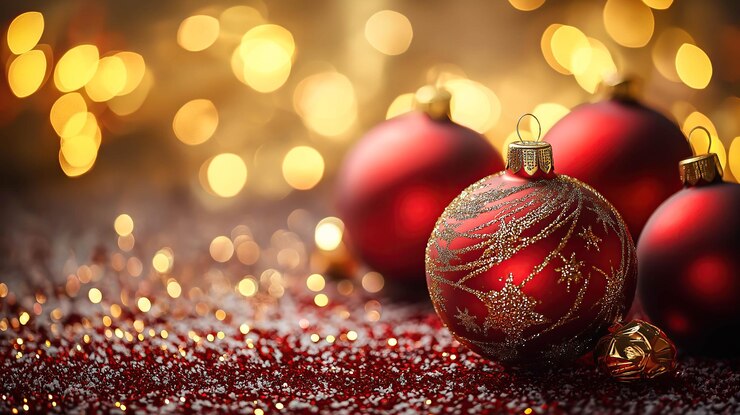 Un fondo festivo con copos de nieve y bolas de Navidad Generativo Ai