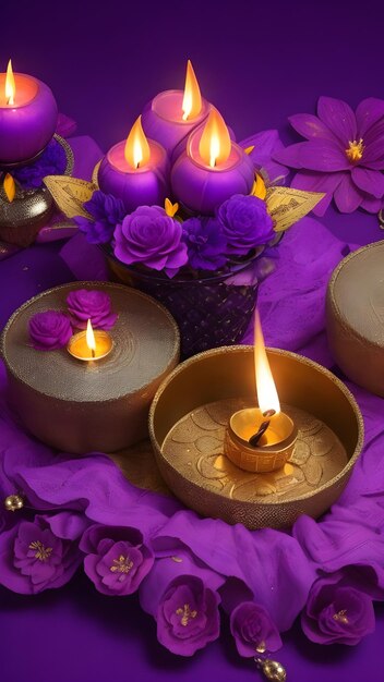 Fondo festivo de Diwali con velas en fondo púrpura