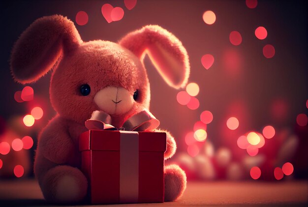 Foto fondo festivo fondo de conejito caja de regalo de conejo concepto de amor ia generativa