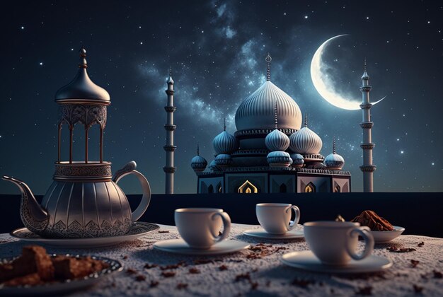 Fondo festivo de la foto del ramadán kareem con una taza de té y fechas para el menú iftar Ilustración generativa de IA