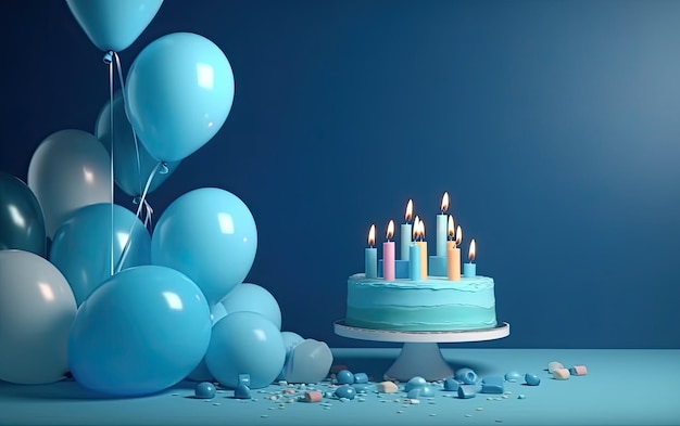 Fondo festivo con globos azules y pastel de cumpleaños con velas.
