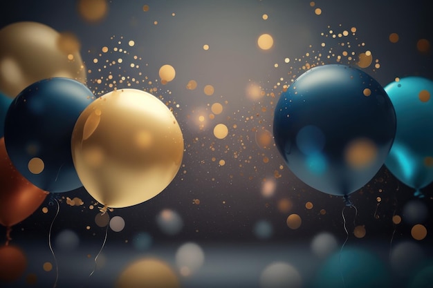 Fondo festivo con globos y confeti con fondo borroso y luces bokeh IA generativa