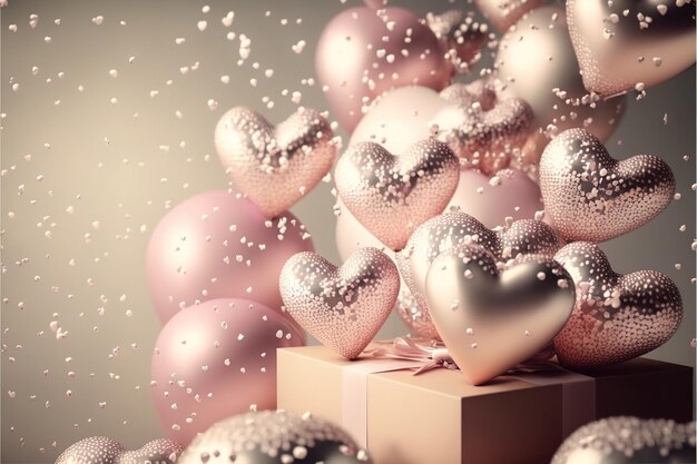 Fondo festivo con globos metálicos verdes y plateados y regalos para Año Nuevo o el Día de San Valentín o cualquier otra festividad