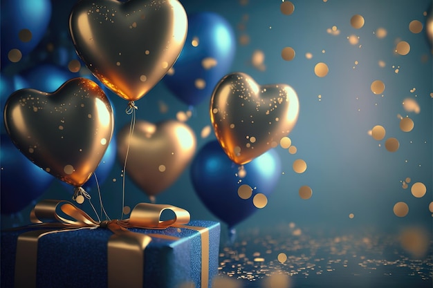 Fondo festivo con globos de oro azul y regalos para Año Nuevo o el Día de San Valentín o cualquier otra festividad generada por Ai