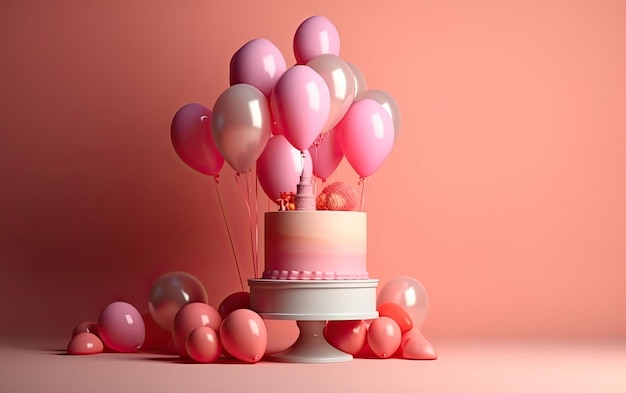 Fondo festivo con globos rosas y pastel de cumpleaños.