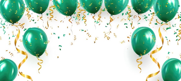 Fondo festivo con globos verdes y cintas doradas en fondo blanco ilustración vectorial diseño plano color simple definición de borde claro sin sombra