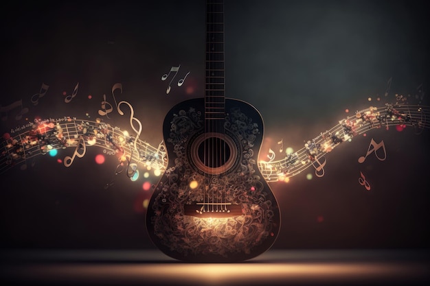 Fondo festivo con guitarra y notas musicales Ilustración AI Generativo