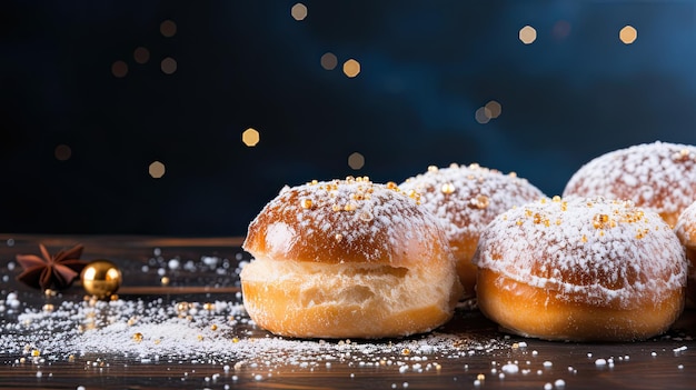 Fondo festivo de Hanukkah con Sufganiyot sobre fondo oscuro