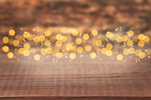 Fondo festivo de madera con luces bokeh brillantes y desenfocadas Perfecto para Navidad o Año Nuevo