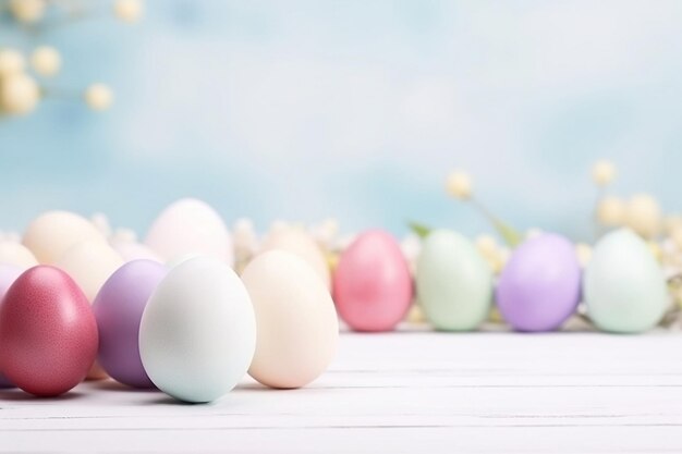 Fondo festivo de Pascua con huevos de colores en una mesa de madera blanca y telón de fondo azul.