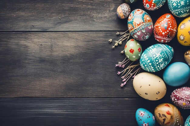 Fondo festivo de Pascua con huevos de colores en una mesa de madera marrón.