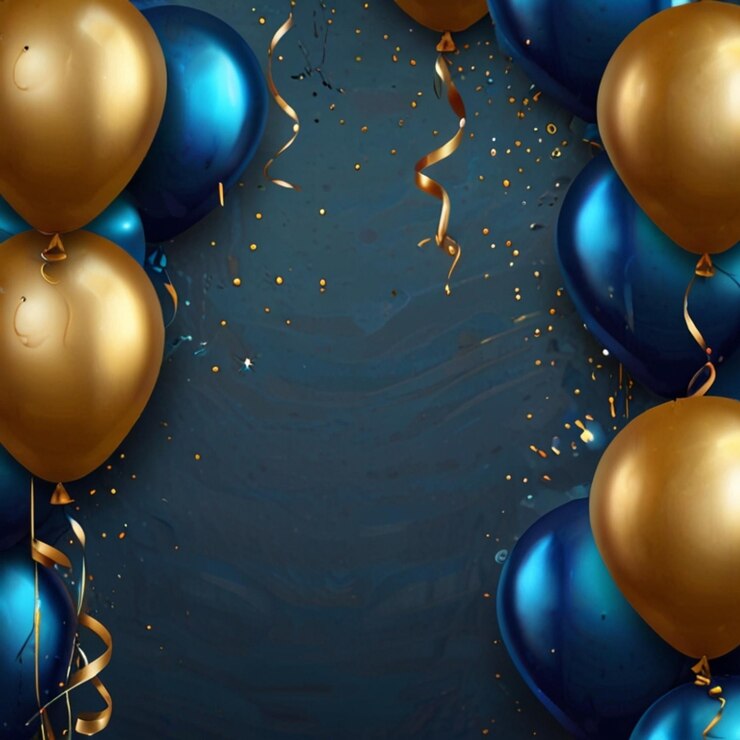 Fondo festivo realista con globos dorados y azules cayendo confeti fondo borroso