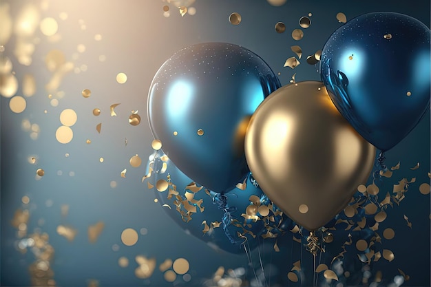 Fondo festivo realista con globos dorados y azules que caen confeti fondo borroso y luces bokeh generadas por Ai