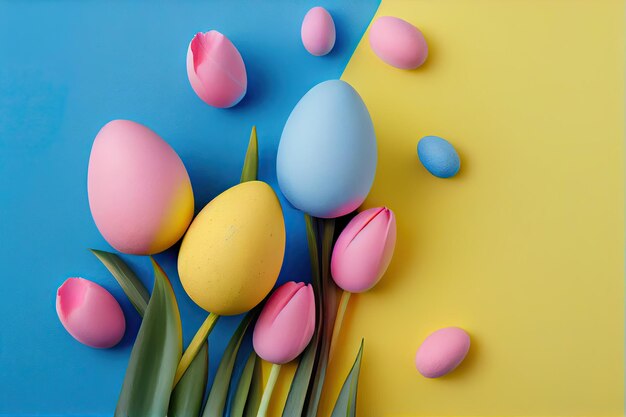 Fondo festivo de vacaciones de Pascua flores de tulipán rosa y huevos de codorniz multicolores sobre un fondo de papel de azul y amarillo relajante Concepto de vacaciones de primavera y Pascua espacio de copia