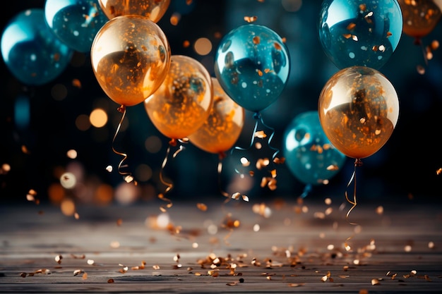 Fondo de la fiesta de cumpleaños con globos de confeti y cintas de oro