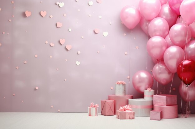 Fondo de la fiesta de cumpleaños globos rosados y dorados y regalos tarjeta romántica de San Valentín