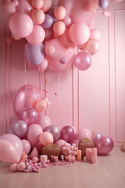 Fondo de fiesta de cumpleaños con velas de globos rosa pastel y pastel IA generativa