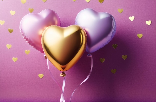 Foto fondo de fiesta de globos de corazón elegante pastel y oro feliz día de san valentín fondo romántico celebración de fiesta de cumpleaños ia generativa