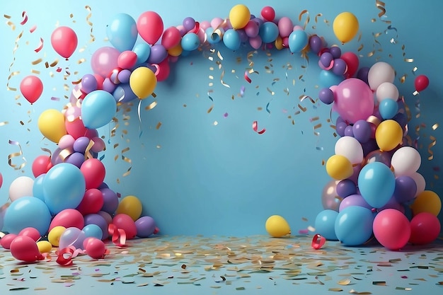 Fondo de la fiesta con globos, serpentinas y confeti sobre un fondo azul pastel