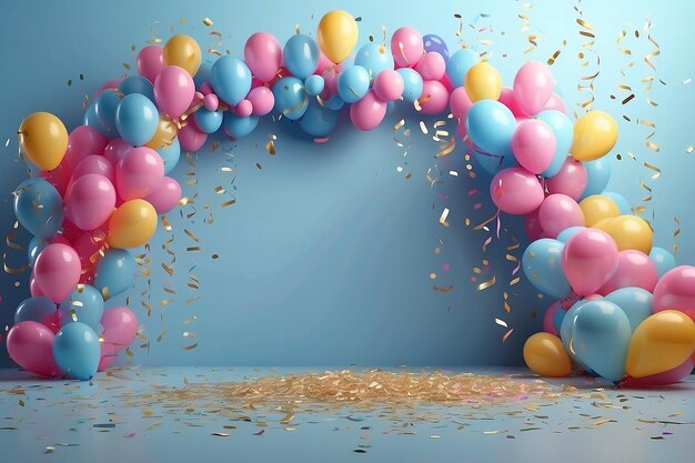 Fondo de la fiesta con globos, serpentinas y confeti sobre un fondo azul pastel