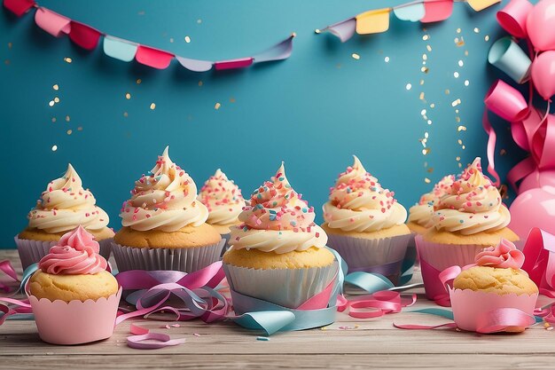 Foto fondo de la fiesta con pasteles y rayas