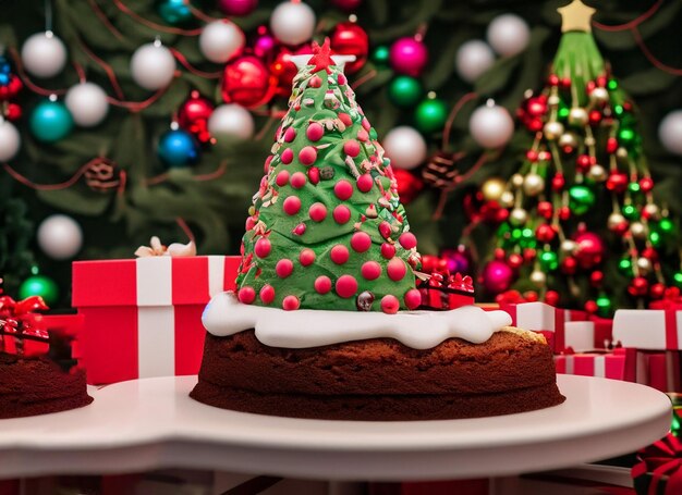 Fondo de fiesta y regalo de árbol y pastel de Navidad