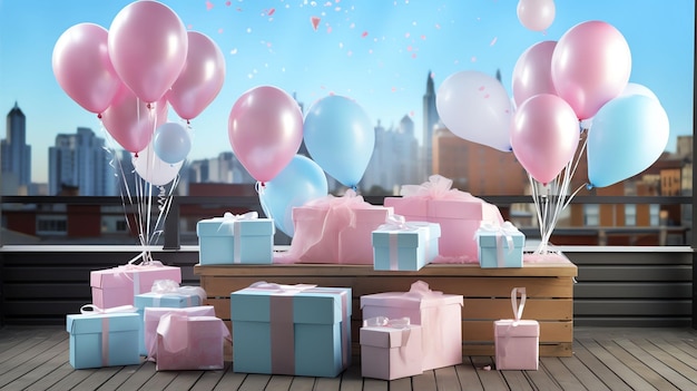 Fondo de fiesta de revelación de género gran espacio al aire libre decorado con globos y pancartas