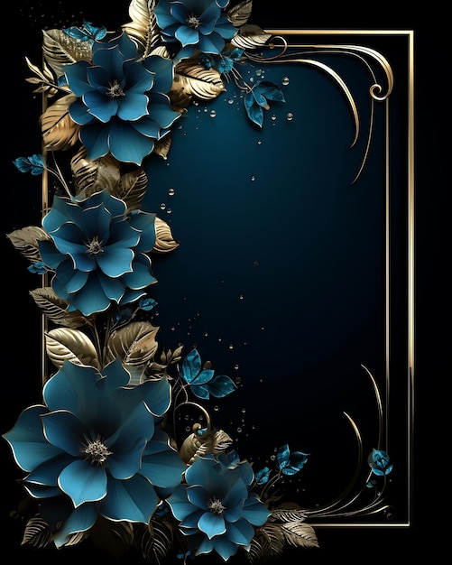 Fondo de flor azul con estilo de marco dorado